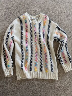 Cream Knit Sweater with Multicolor Stitching - Kids